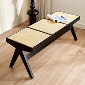 北欧藤编长凳复古长椅原木实木餐椅家用凳子床尾长条凳入户换鞋 凳