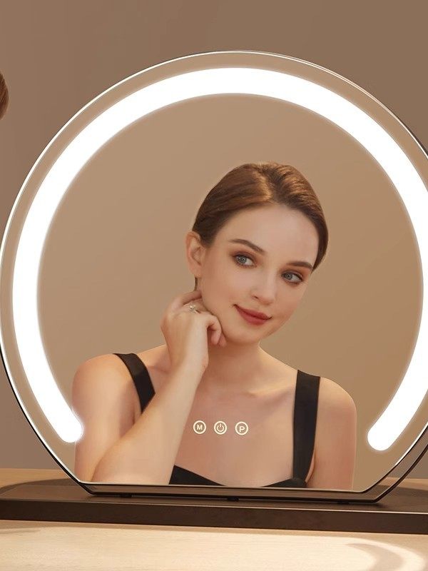 led带灯化妆镜台式桌面梳妆台宿舍卧室补光充电半圆大镜子可旋转