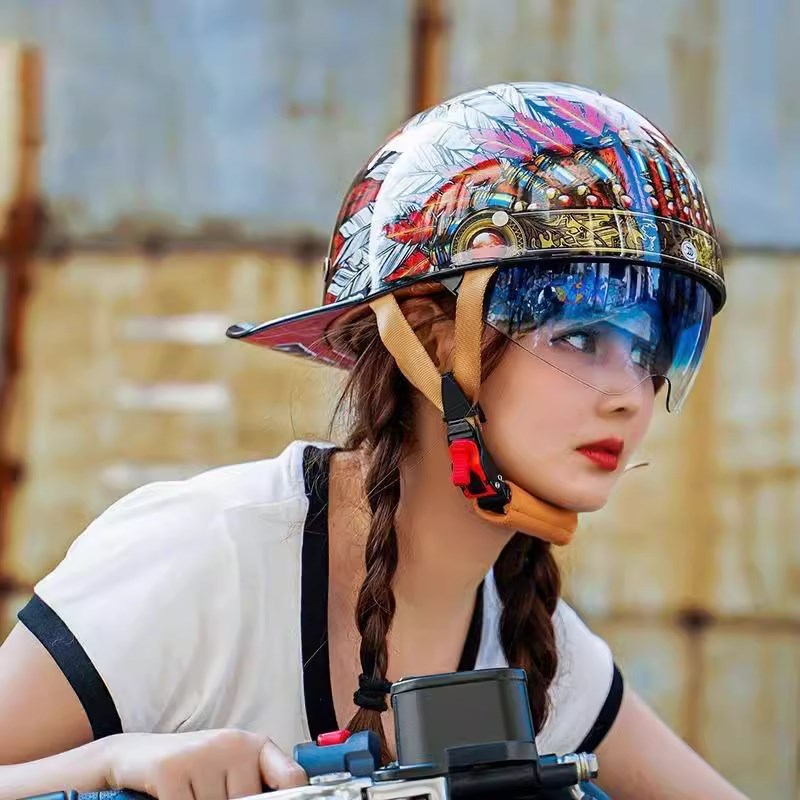 3C认证哈雷机车半盔复古瓢w盔毒液收缩镜片棒球帽摩托车头盔安全