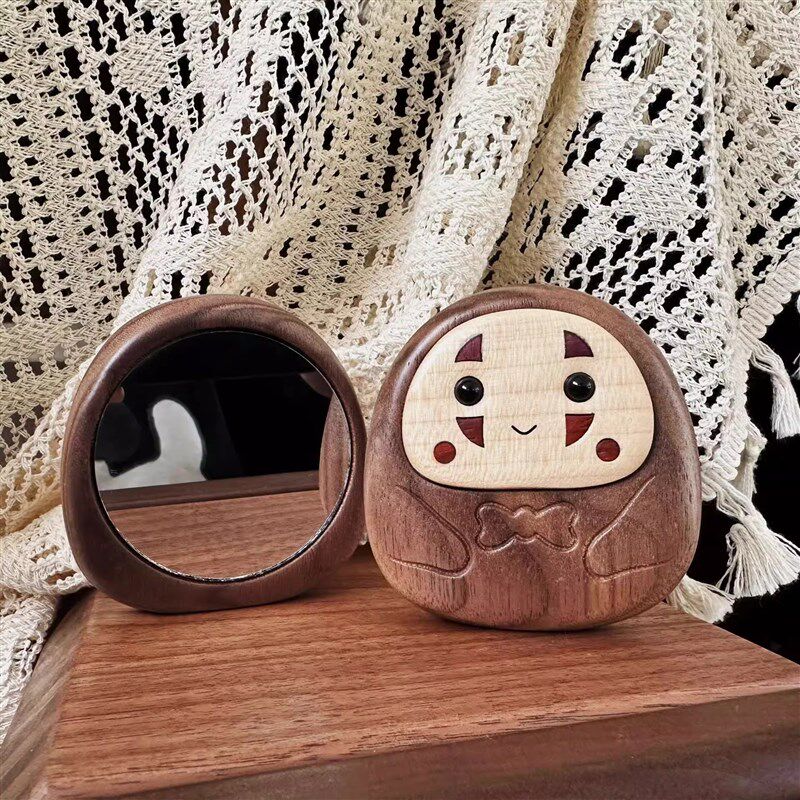 木言无脸男小镜子女随身便携带化妆镜精致口袋折叠迷你手持木圆镜