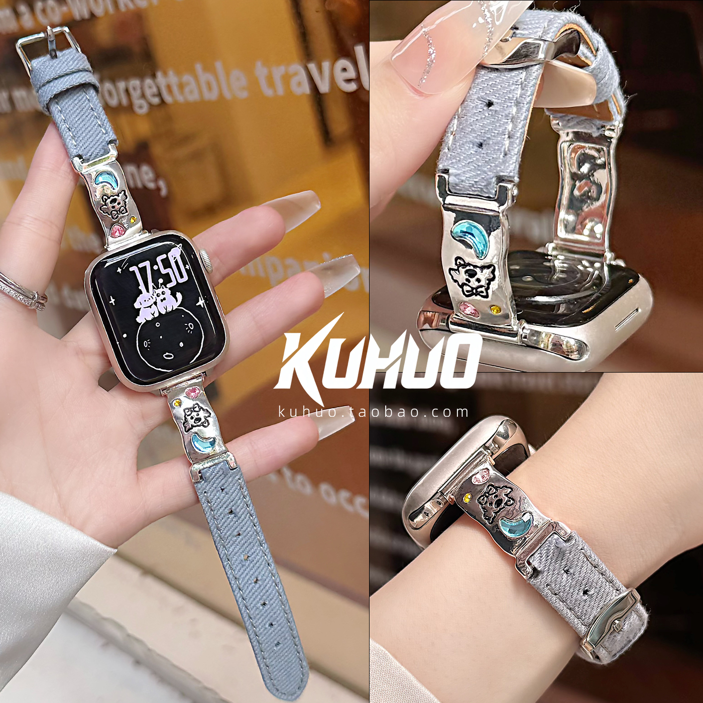 酷活适用iWatchs11代表带苹果手表s10猫咪金属拼皮女款applewatch9夏天小狗SE卡通镶钻Ultra1/2可爱创意8腕带
