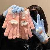 五指可触屏卡通保暖手套女冬季 加厚可爱情侣学生防寒针织毛线骑行