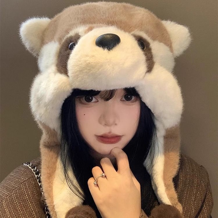 可爱小浣熊帽子毛绒帽女秋冬保暖