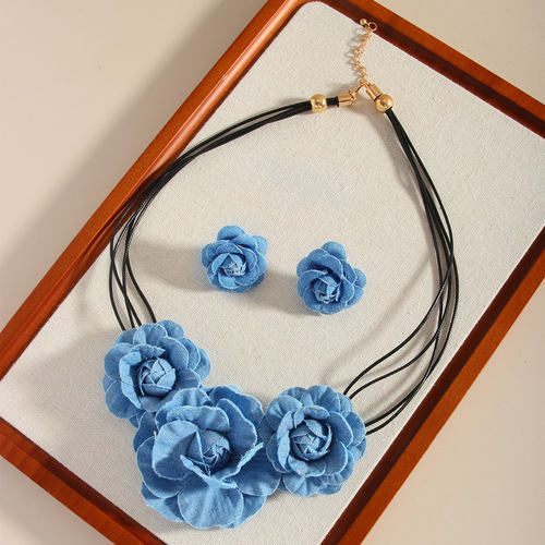 蓝色复古牛仔多层玫瑰花耳环项链