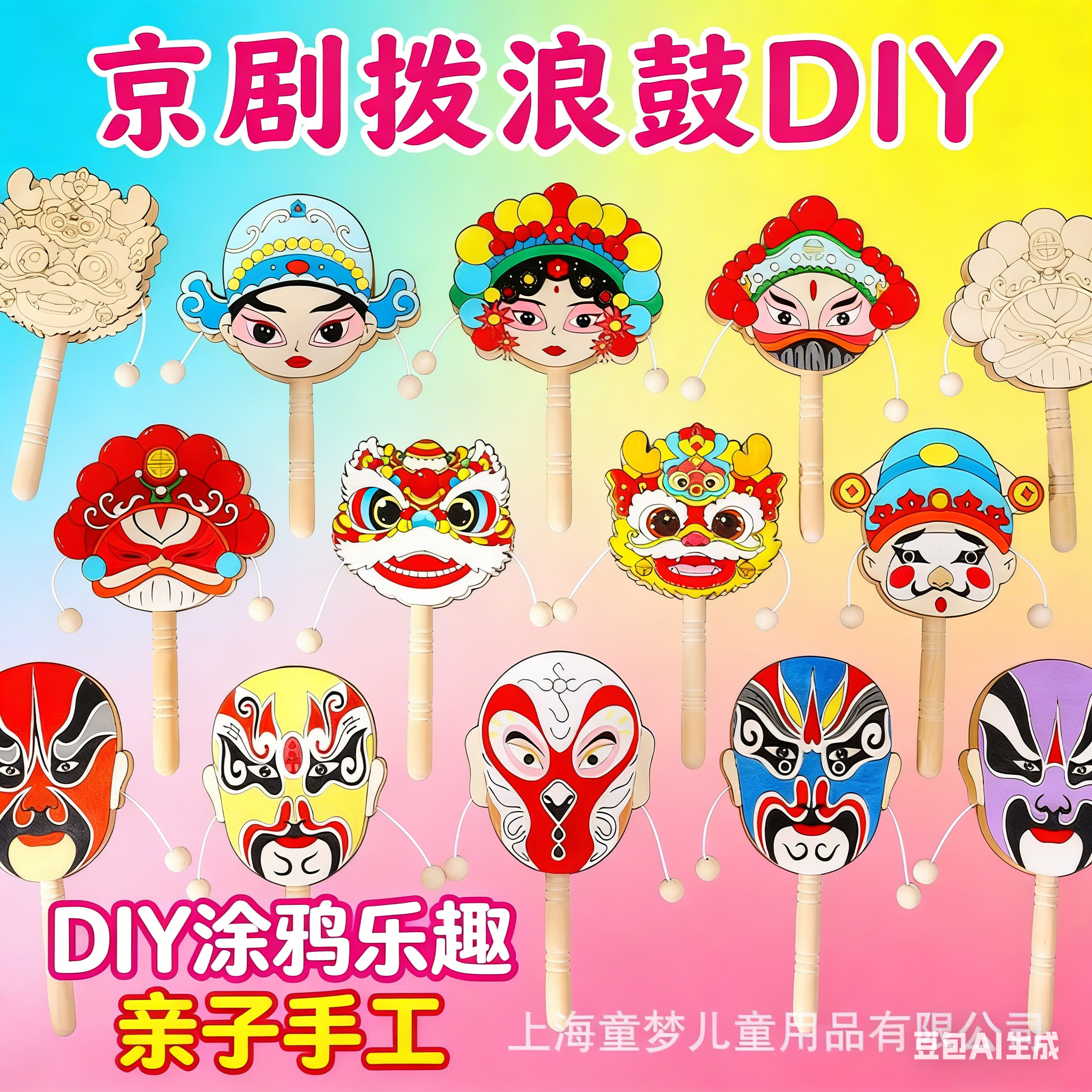 新春非遗手工京剧脸谱拨浪鼓diy材料包制作儿童手绘画幼儿园活动,玩具/童车/益智/积木/模型,拨浪鼓,淘宝优惠券,粉丝福利购,淘宝优惠卷