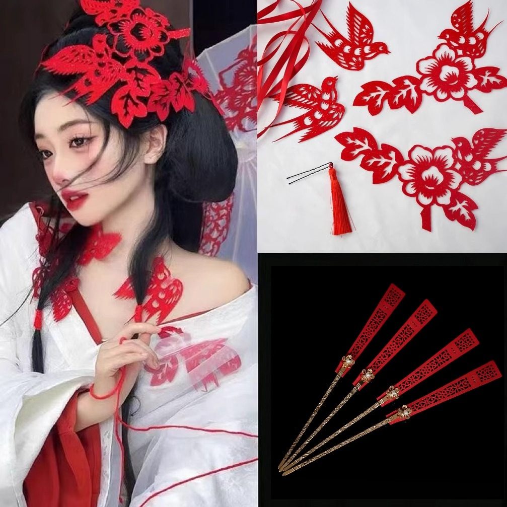 国风非遗蓝色青花瓷剪纸喜鹊头饰