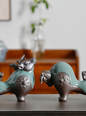 陶瓷牛摆件一对招财牛气冲天客厅玄关桌面博古架装饰品Z生肖牛摆