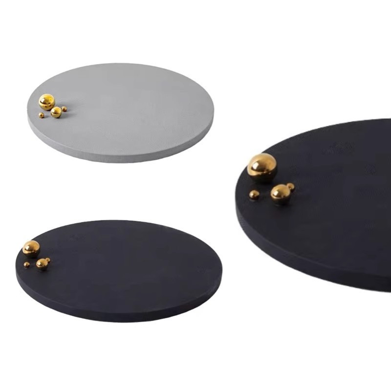 样板间轻奢皮革金属高级感圆形托盘收纳书房桌面家居装饰品摆件