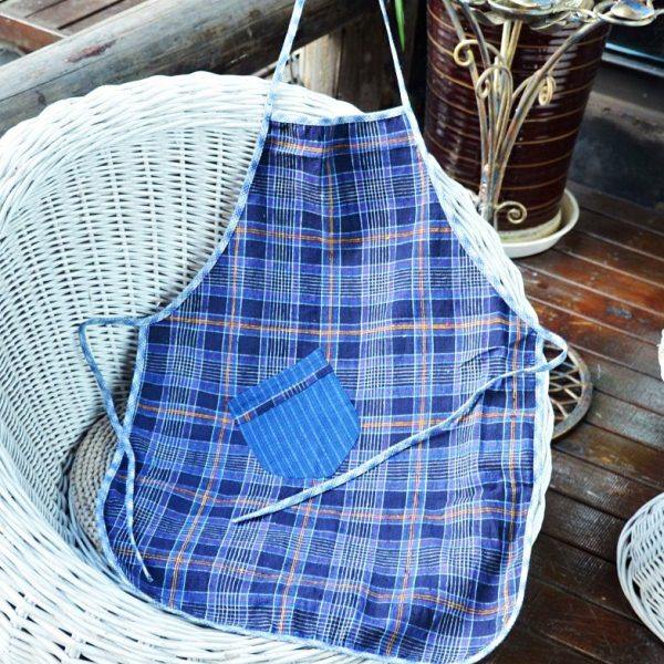 丹凤创意上海手织布土布复古缝围裙防水仿污厨房围腰格子工作制服