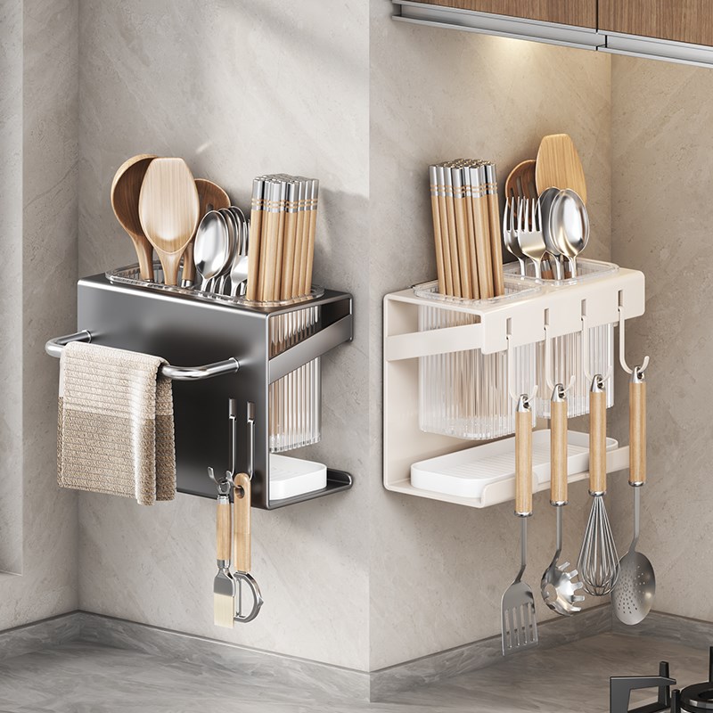 厨房筷子筒免打j孔挂钩抹布架置物架壁挂式筷笼收纳盒勺子收纳架