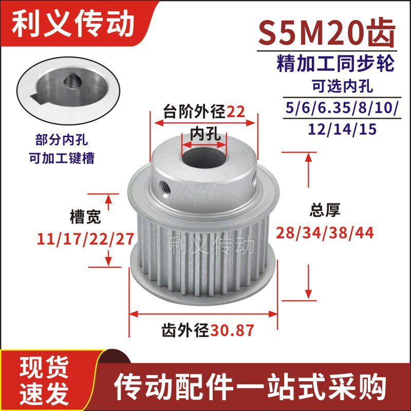 带台S5M20齿精加工20S5M同步轮槽宽11/17/22/27皮带轮齿外径30.87