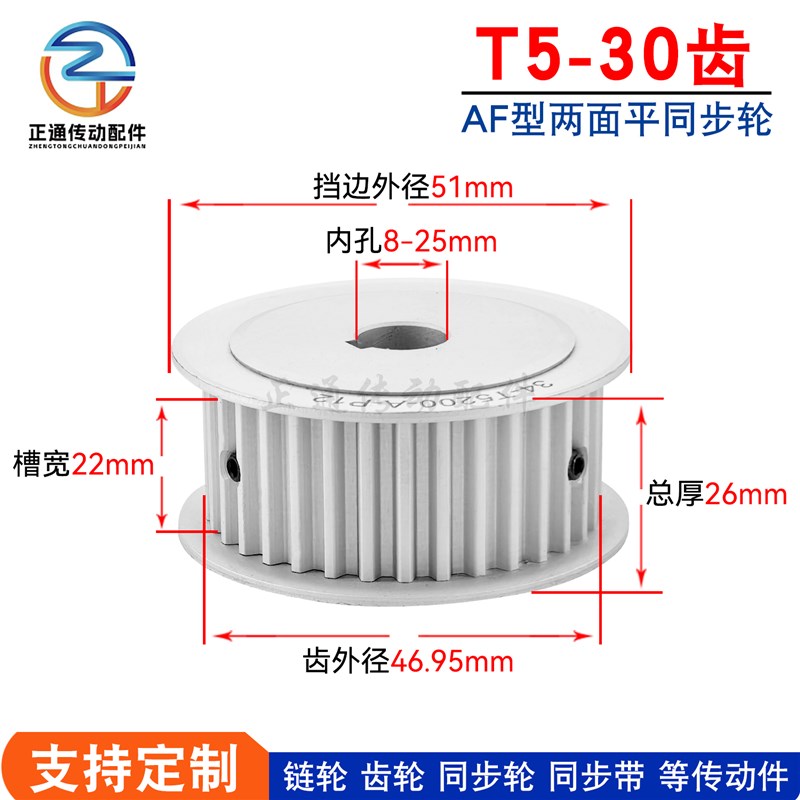 T5-30齿 同步轮 T530齿 AF型 槽宽22 同步皮带轮 孔5-20齿轮
