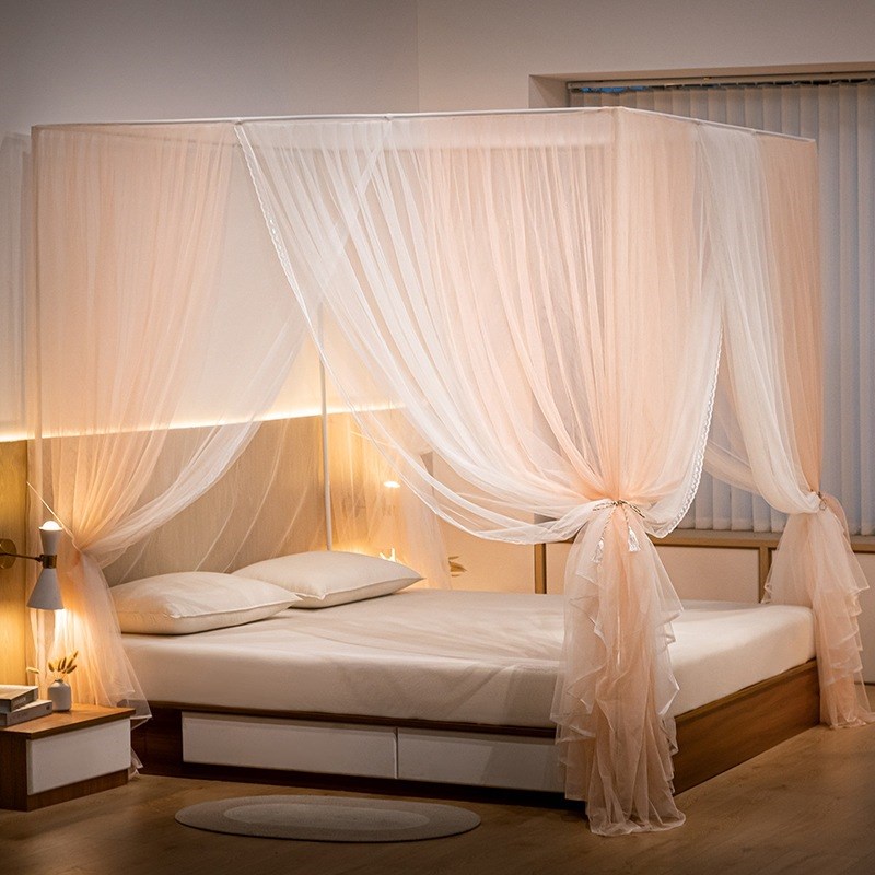 2024新款落地蚊帐奶油风遮光床幔加厚螺纹支架公主风韩式双层纱