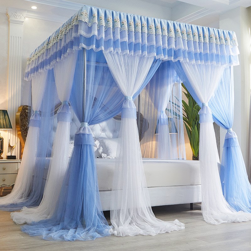 2024新款双层纱公主蚊帐三开门家用落地式宫廷方顶纹帐加密加厚
