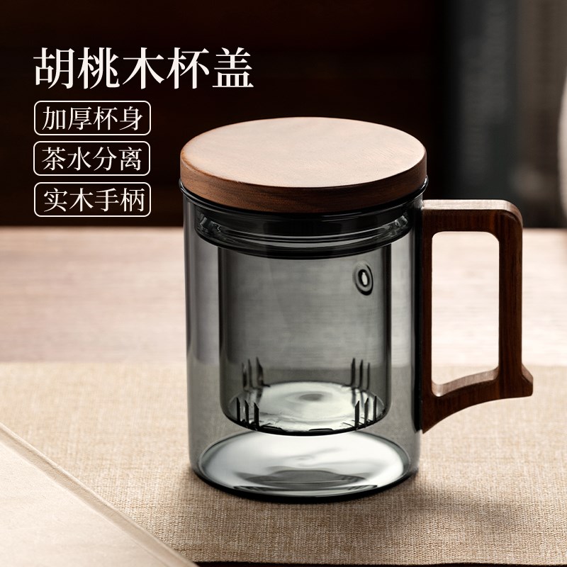 泡茶杯茶水分离办公室个人专用玻璃杯男士M带把手家用水杯子绿茶