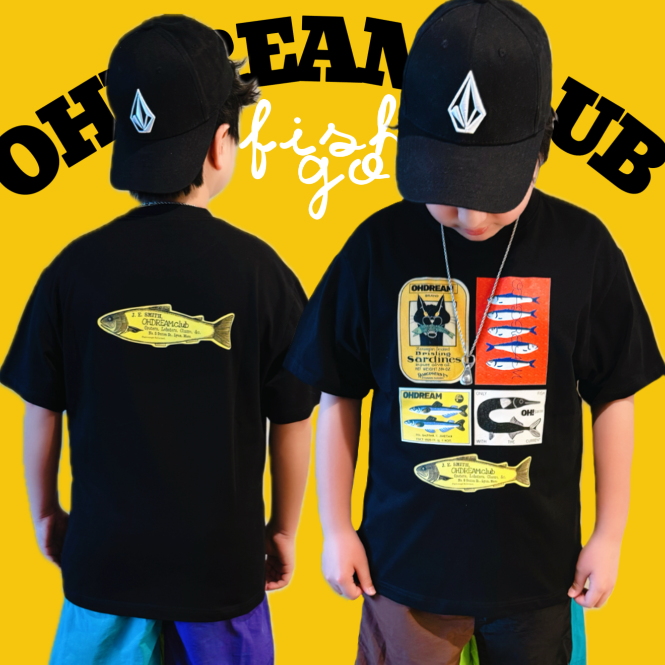 OHDREAM童装fish系列黑色男女童亲子短袖T