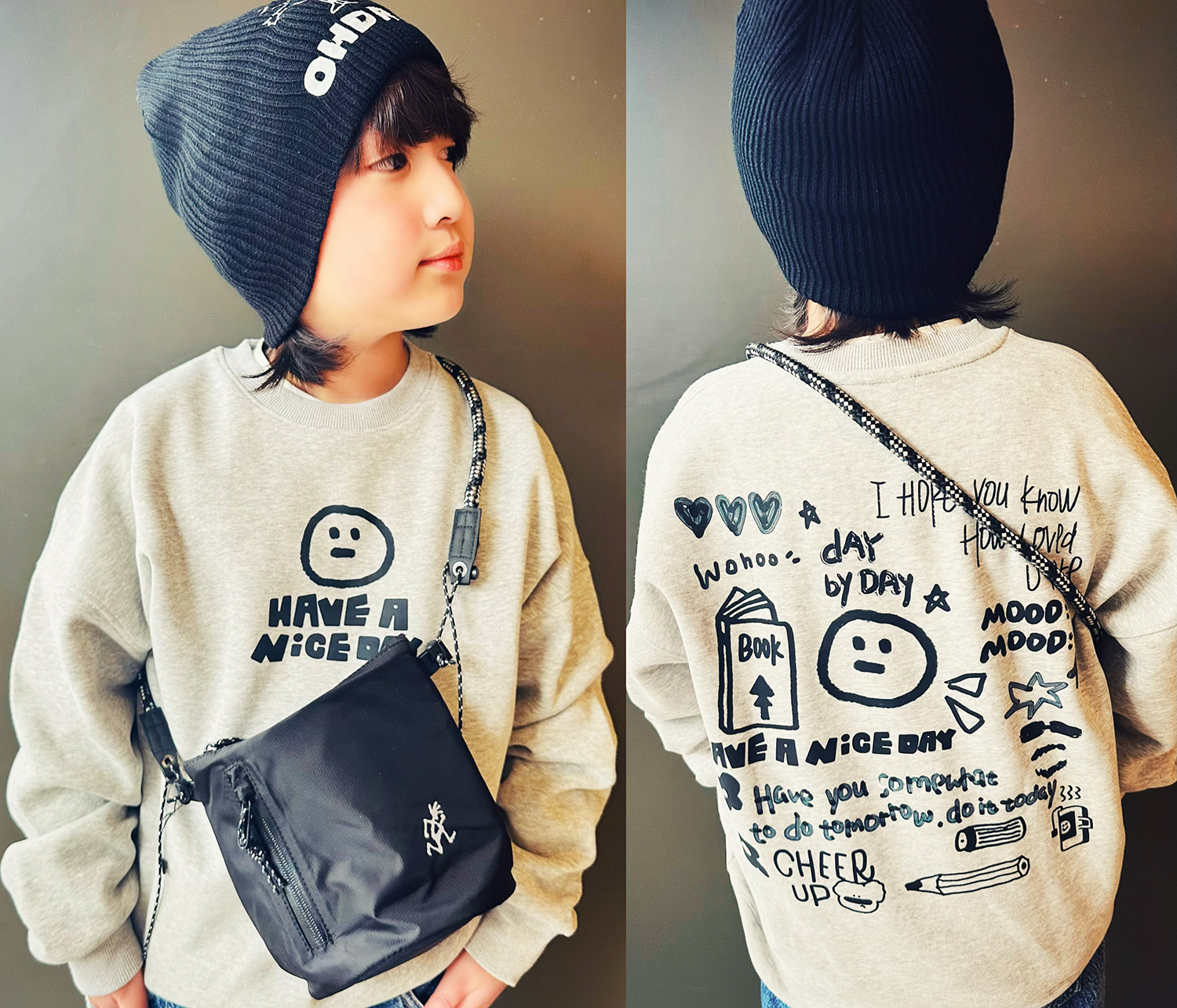 OHDREAM毛暴暴马卡龙灰色涂鸦美好的一天亲子儿童卫衣