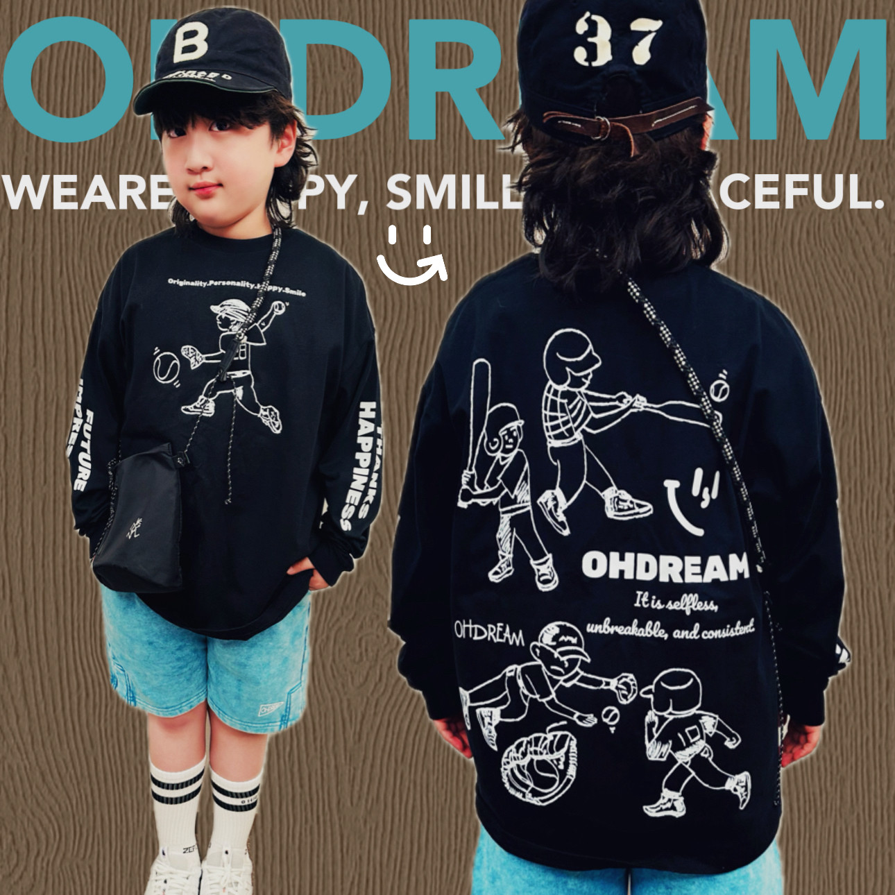 OHDREAM童装四季男女童涂鸦手绘户外运动日系圆领长袖打底T恤