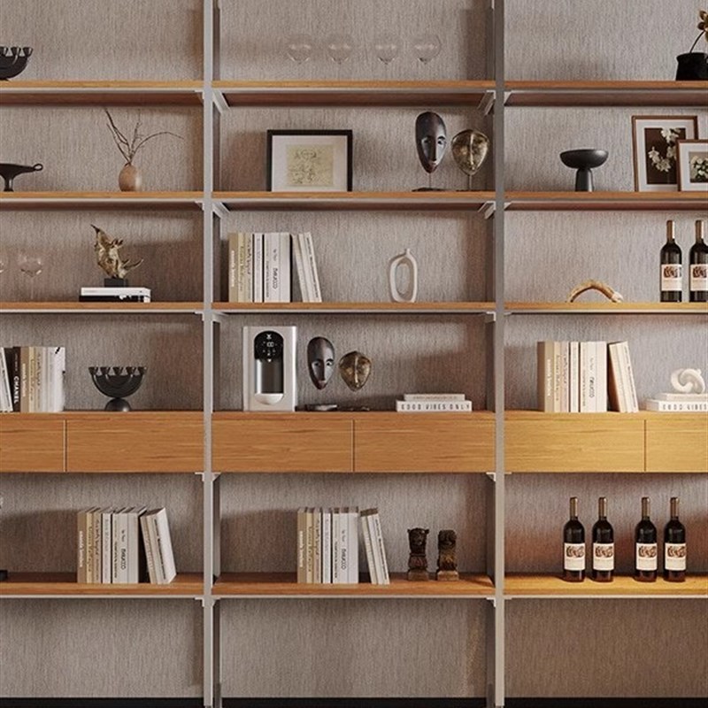 中世纪极简主义书架客厅多层实w木书柜集成展示存储顶到天花板隔