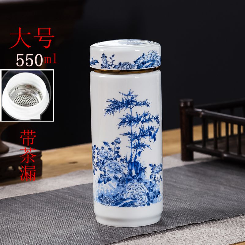 大号陶瓷内胆保温杯双层青花中式便携水杯商务定S制带盖茶杯男女