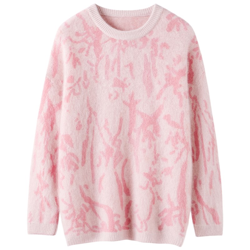 一路繁花~纯山羊绒设计师款织花拉绒秋冬女时尚加厚套头针织上衣