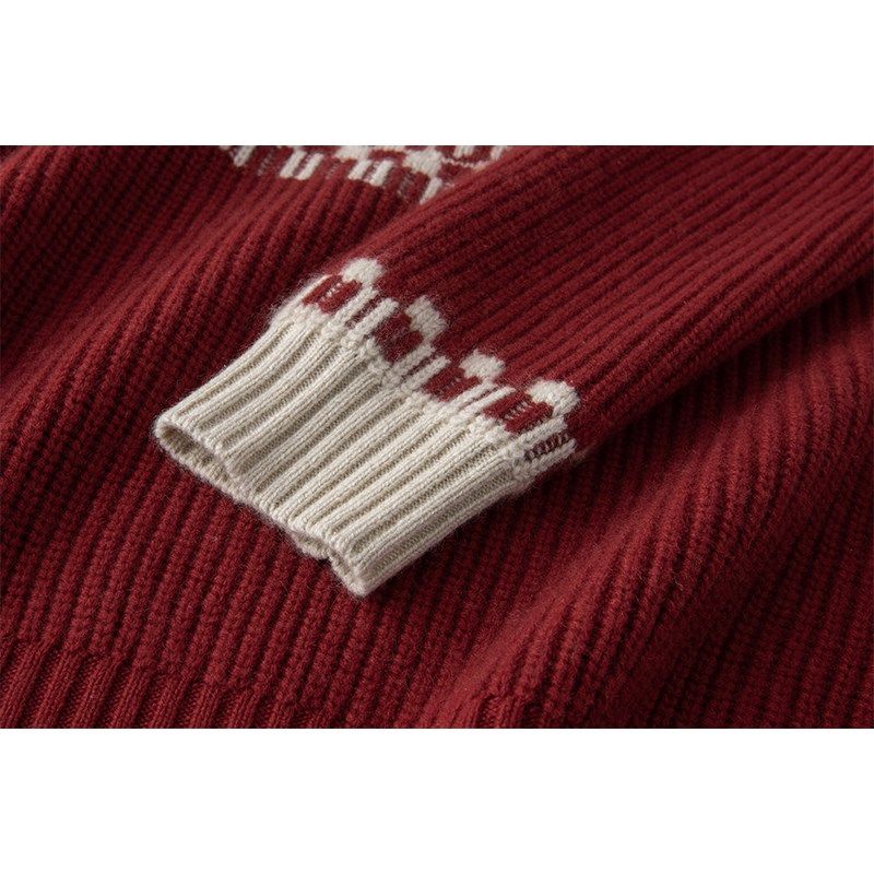 美翻N倍~ 100%山羊绒新年红撞色字母针织衫立领显瘦套头毛衣