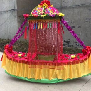 新款扭秧歌不锈钢旱船采莲船花轿彩船小推车灯红社火表演出道具
