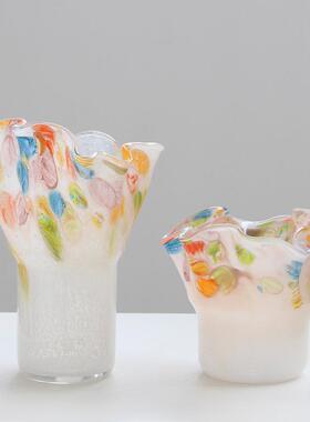 法式中古敞口不规则渐变玻璃插花瓶摆件家居客厅餐桌玄关创意装饰