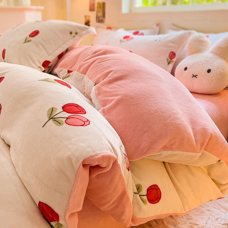 田园风冬季加厚珊瑚绒四件套牛奶绒被套法兰绒加绒床笠Z款三件套