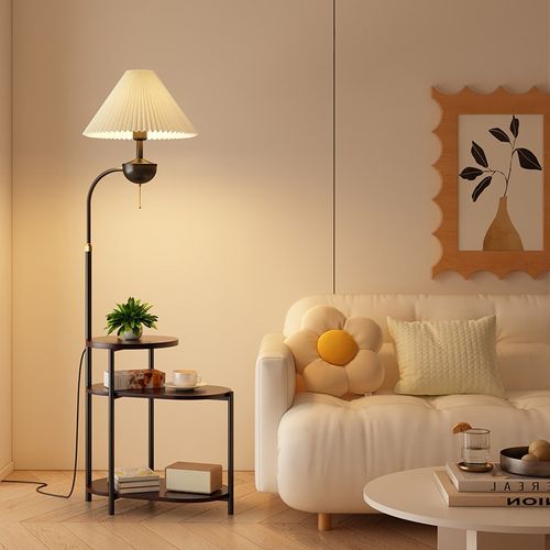 新款客厅落地灯沙发旁边角茶几氛C围置物架中古卧室床头柜台灯一