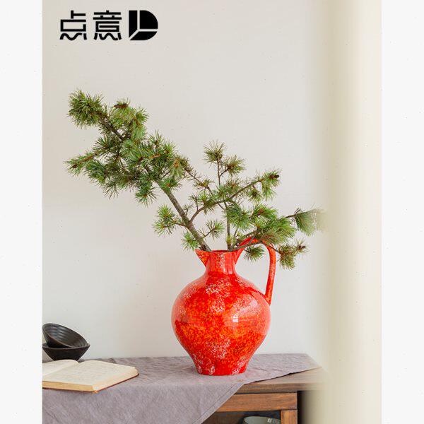 石榴红色提手窄口干树枝纯朴大肚花瓶福气国潮红梅色陶罐宋代美学