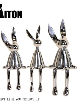 北欧创意电镀兔子银色样板间摆件售楼处样板房客S厅书房简约装饰