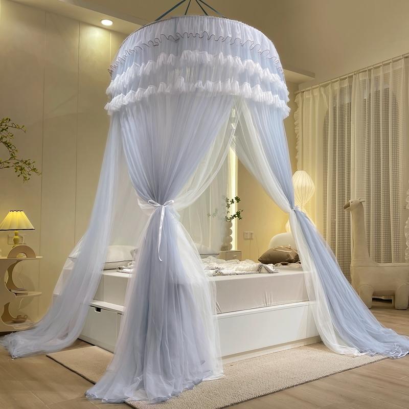 双层纱蚊帐家用卧室吊顶落地免安B装三开门公主风高级床帘圆形床