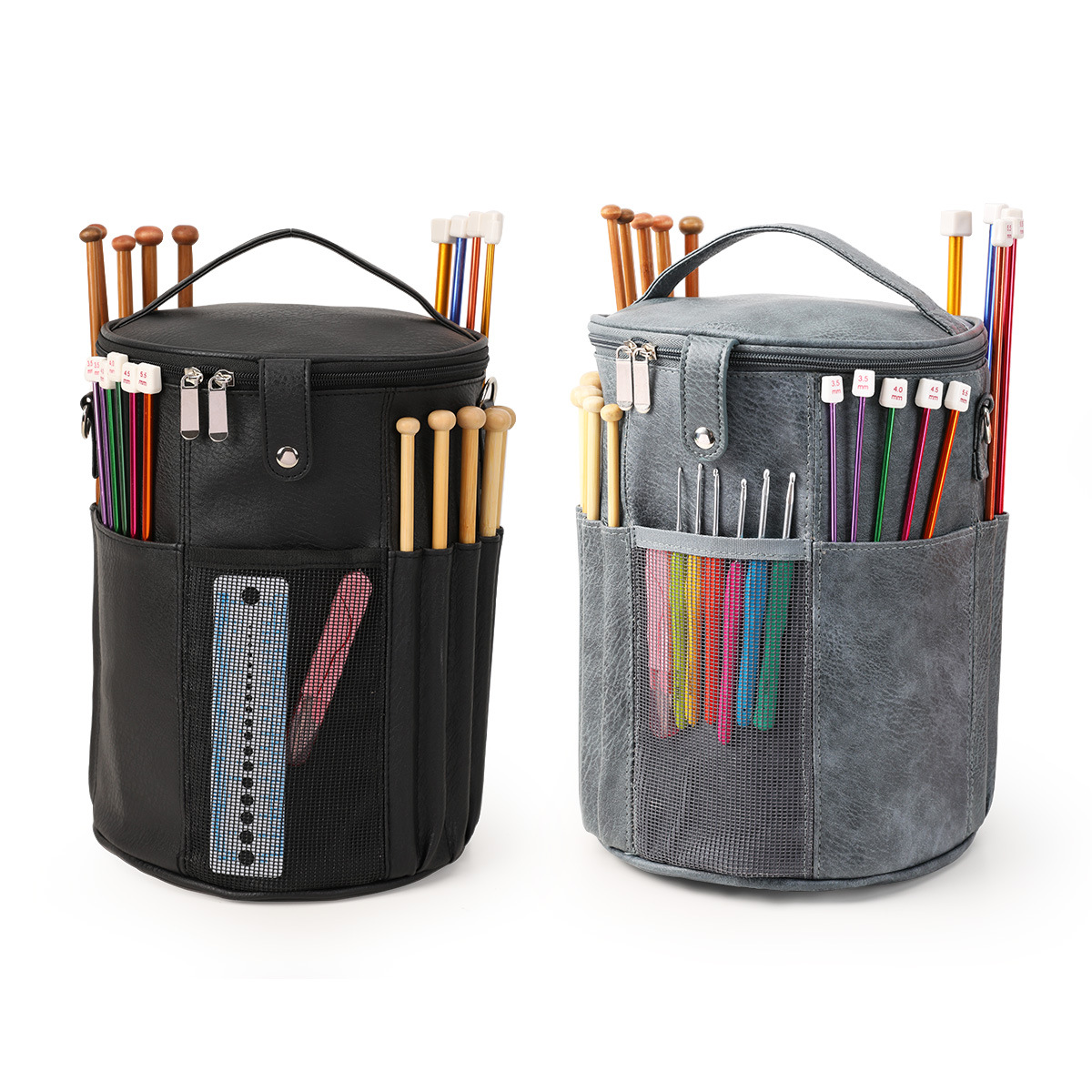 毛线收纳袋PU圆桶毛线钩针棒针收纳包大容量多功能编织工具整理包