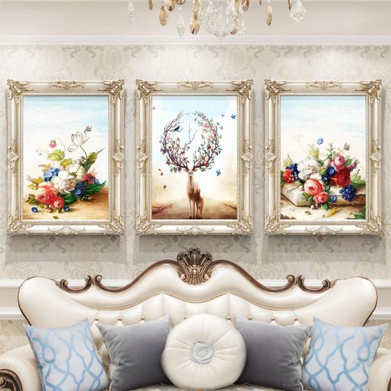 赐禄欧式沙发背景墙装饰画客厅三联挂画动物麋鹿花卉壁画简欧油画图片