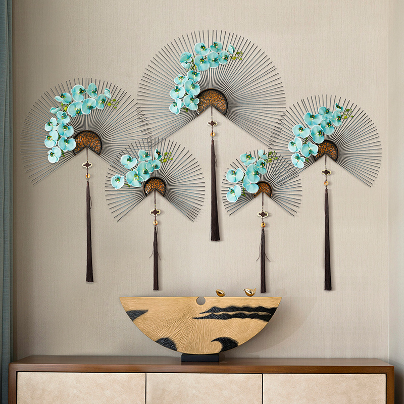 新中式壁饰立体铁艺扇子壁挂客厅餐厅背景墙面R装饰品创意墙饰挂