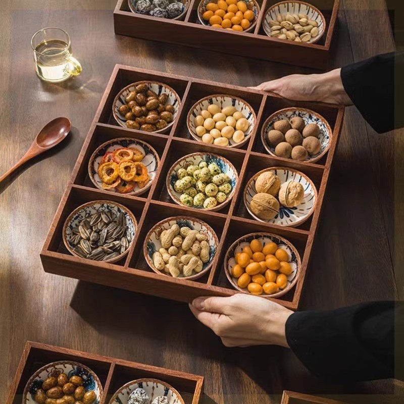 复古色九宫格家用木质托盘四宫格零食干果盘高档茶室会所点心拼盘