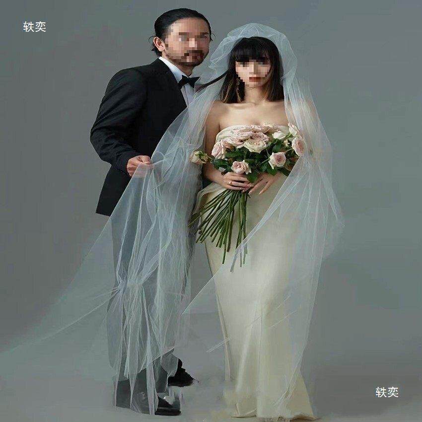 影楼白色新娘造型素面头纱硬纱3米5米10米软纱头纱新娘无装饰裸纱