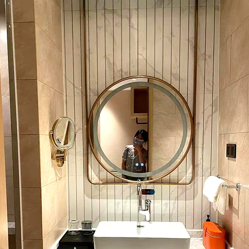圆形吊杆铝合金铁艺边框吊镜酒店卫生间吊挂式吊杆智能浴室镜子