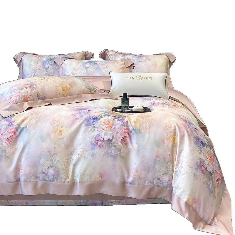 100S兰精超细旦天丝棉贡缎美式四件套油画田园凉感冰丝床上用品4