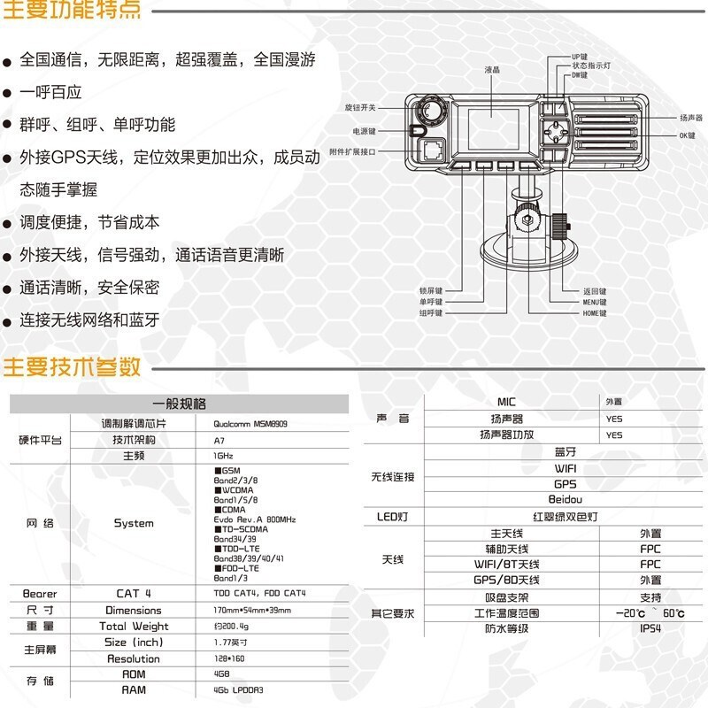 全球ZELLO公网车载台玩网通4G车台5000公里对讲车机小型户外电台