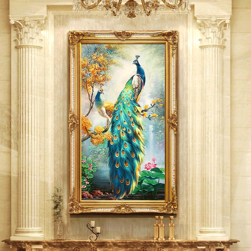 欧式纯手绘孔雀油画玄关装饰画酒店别墅客厅壁画定制竖版挂画吉祥图片