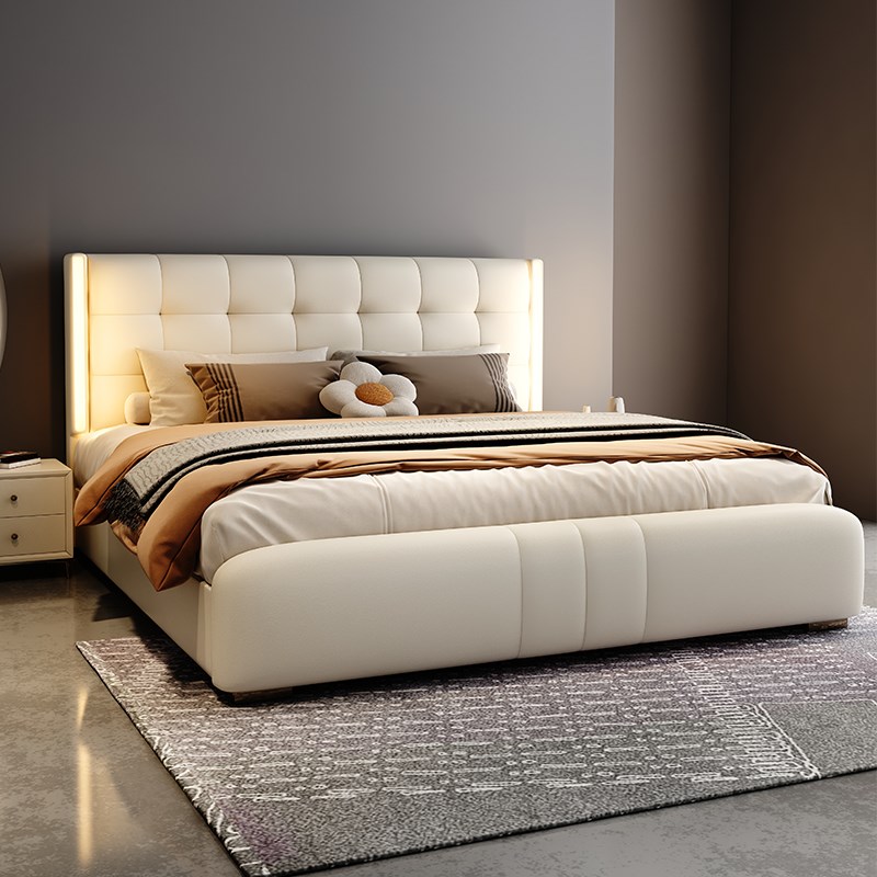 主卧双人大床现代简约轻奢高端带感应灯1.8意式R极简2米软包真皮