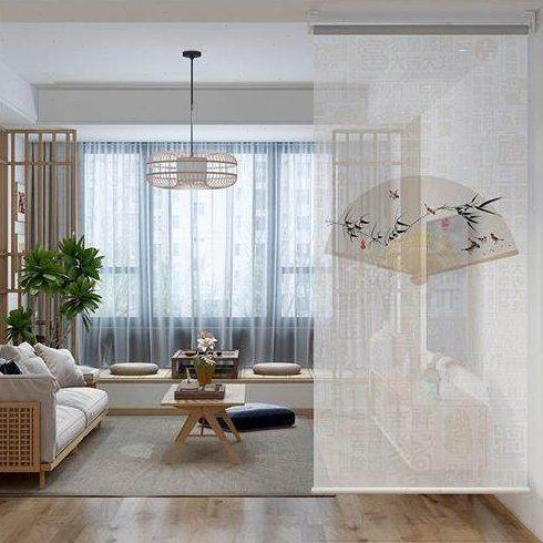 新中式入户软屏风客n厅悬挂式隔断帘卧室门帘玄关挂帘升降卷帘窗