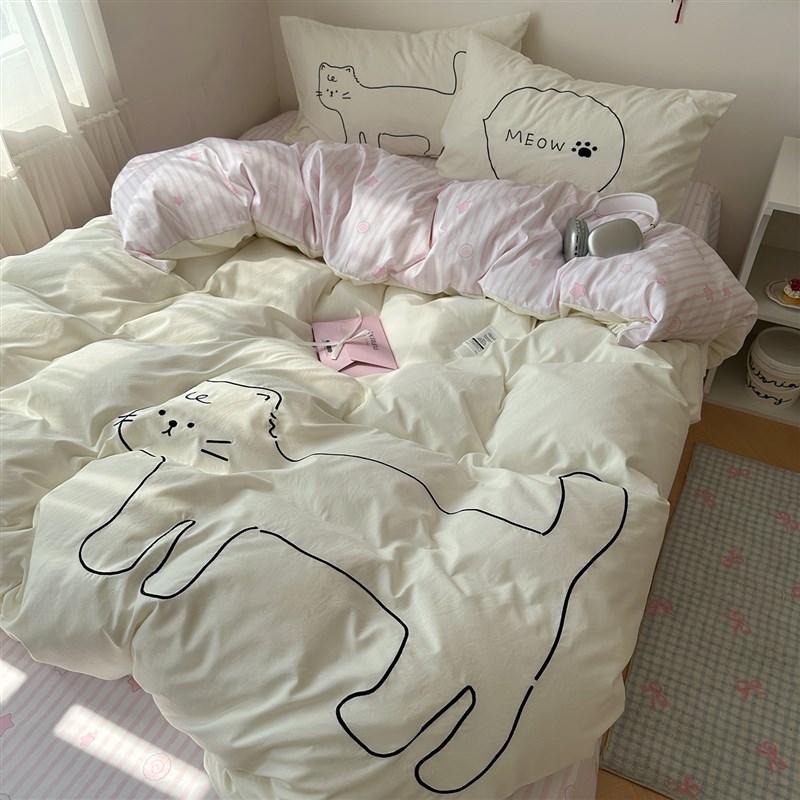 韩系可爱刺绣线条呆呆猫四件式床组软糯水洗棉被套T被单宿舍三件