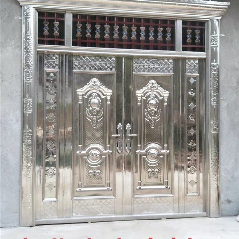 不锈钢门玫瑰金大门自建房家用对开门乡村别墅门304不锈钢防盗门