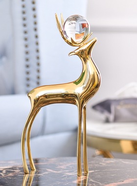 纯铜鹿摆件现代轻奢客厅电视柜酒柜水晶球鹿办R公桌书房招财装饰