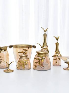 进口欧式高档轻奢金银色铜枝叶玻璃收纳罐摆件样板间客厅卧室装饰
