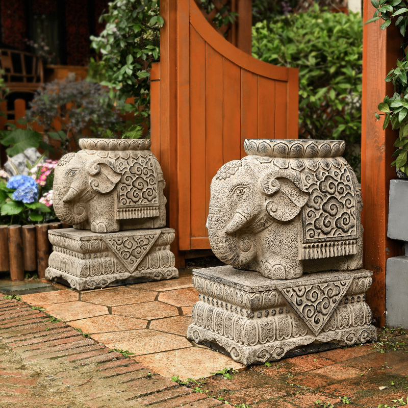 庭院造景布置大象门口仿石墩子石鼓门墩一对花盆底座农家小院装饰