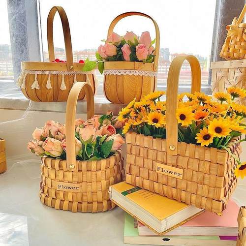 复古手提篮木编田园风手工编织花盆花束鲜花插花花篮花泥花篮藤编